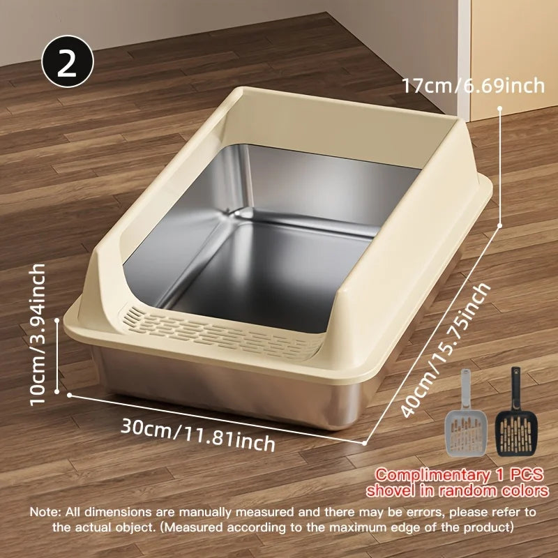 Measurement diagram of the size two beige litter box shown on a wood floor