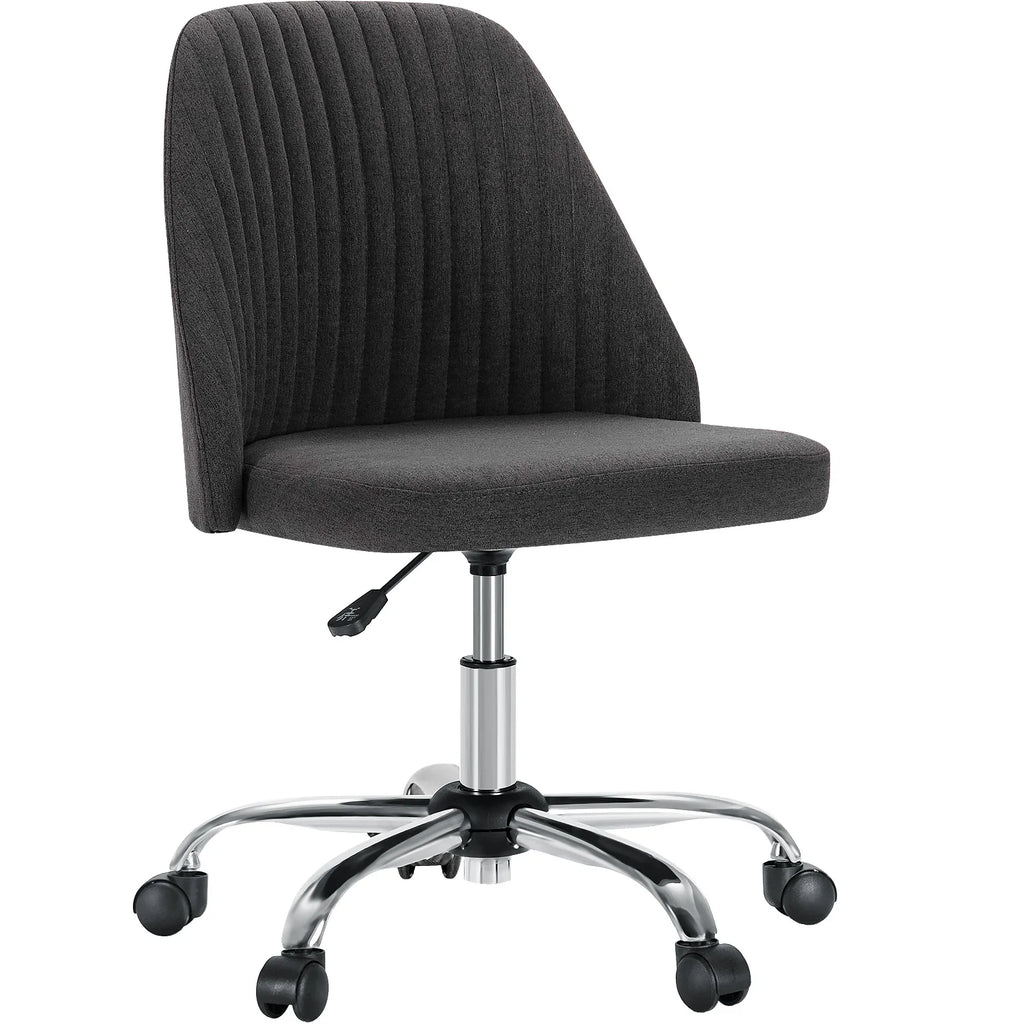 Charcoal armless task chair with a ribbed back and chrome wheels on a white background
