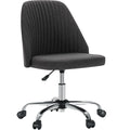 Charcoal armless task chair with a ribbed back and chrome wheels on a white background