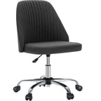 Charcoal armless task chair with a ribbed back and chrome wheels on a white background