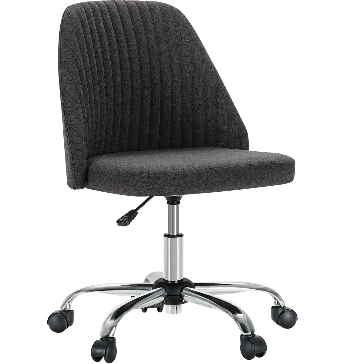 Charcoal armless task chair with a ribbed back and chrome wheels on a white background