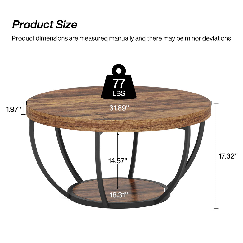 Spec diagram of the walnut finish coffee table with height and diameter given