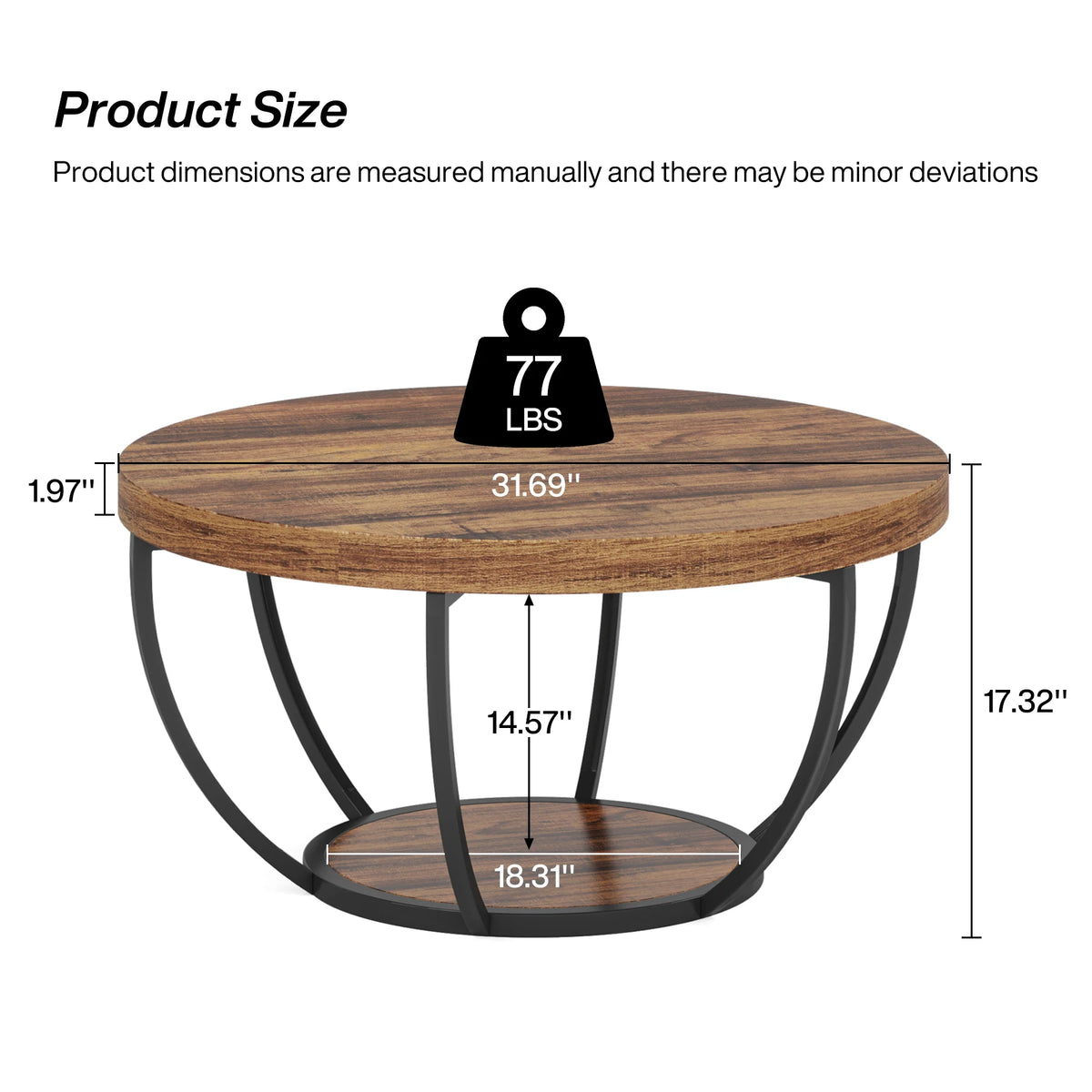 Spec diagram of the walnut finish coffee table with height and diameter given