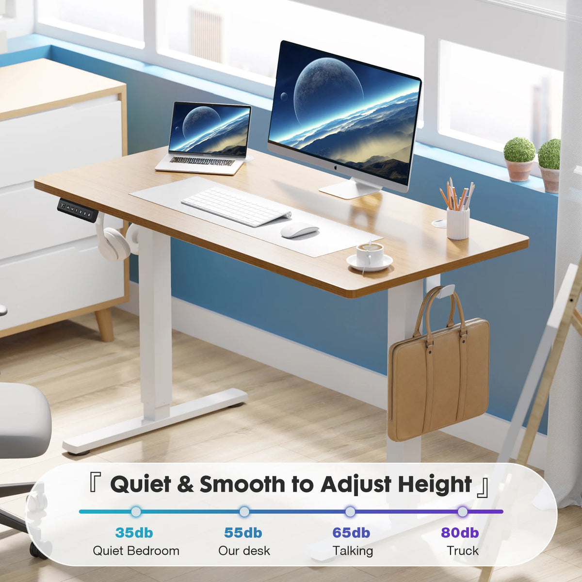 Panel comparing the lift motor noise to a quiet bedroom, talking and traffic on a sound scale