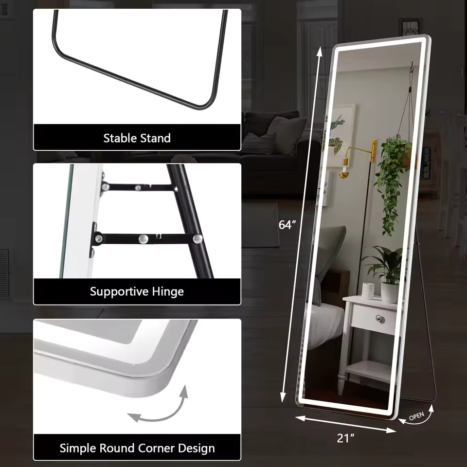 LED Full Length Mirror, 64 by 21 in / 163 by 53 cm Lighted Dressing Glass with Three Light Colors and Touch Dimming, Bedroom and Hallway