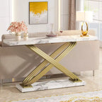 Console Table, 140 x 35 x 80 cm / 55.1 x 13.8 x 31.5 in Faux Marble Top with Gold Metal X Base, Narrow Entryway and Behind Sofa Table for Living Room