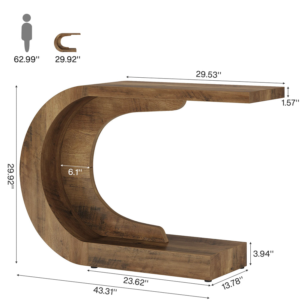 Dimension diagram of the C shaped console showing its curve and top depth