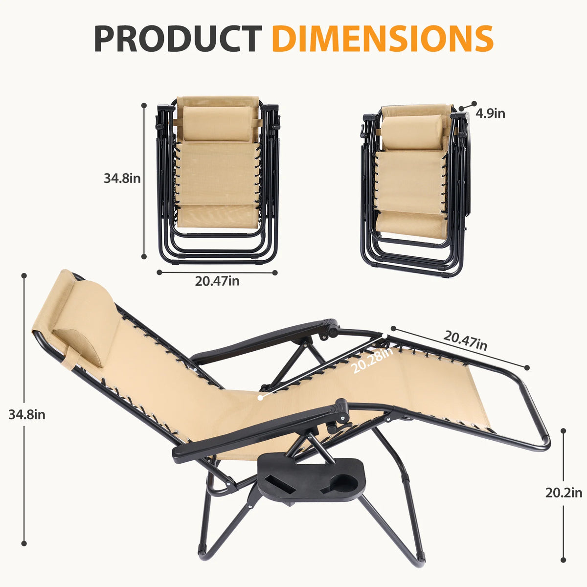 Dimension drawing of the beige lounger shown folded and fully reclined