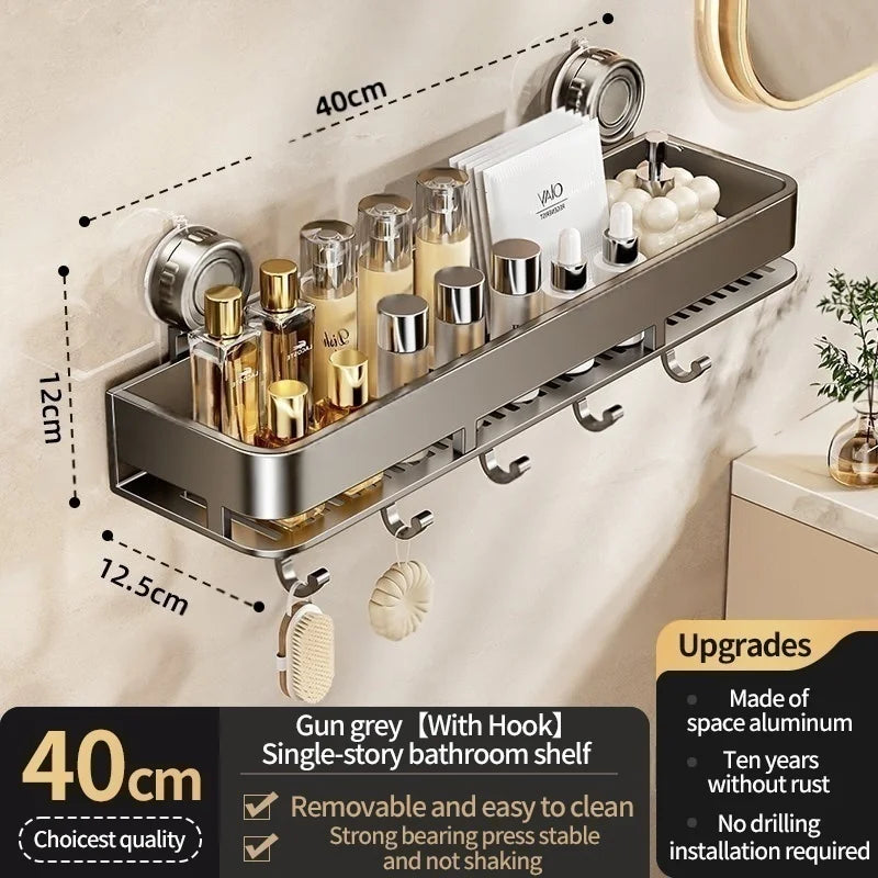Feature diagram of the 40 cm / 15.7 in gray shelf with hooks along the base