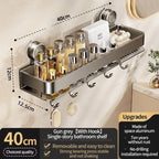 Feature diagram of the 40 cm / 15.7 in gray shelf with hooks along the base