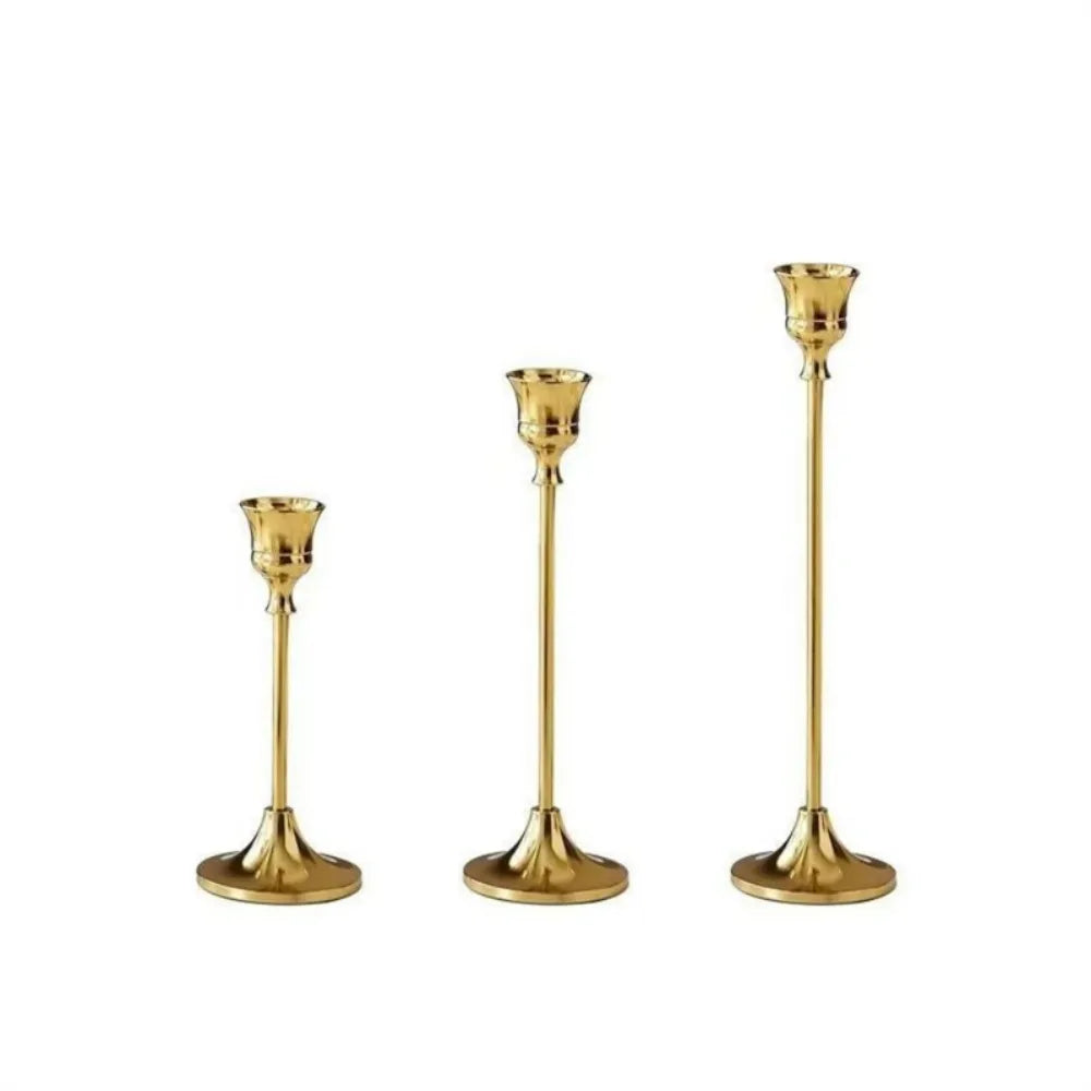 Taper Candle Holders Set of 3, Gold Brass Finish Metal Candlesticks in Graduated Heights for Dining Table, Wedding and Party Decor