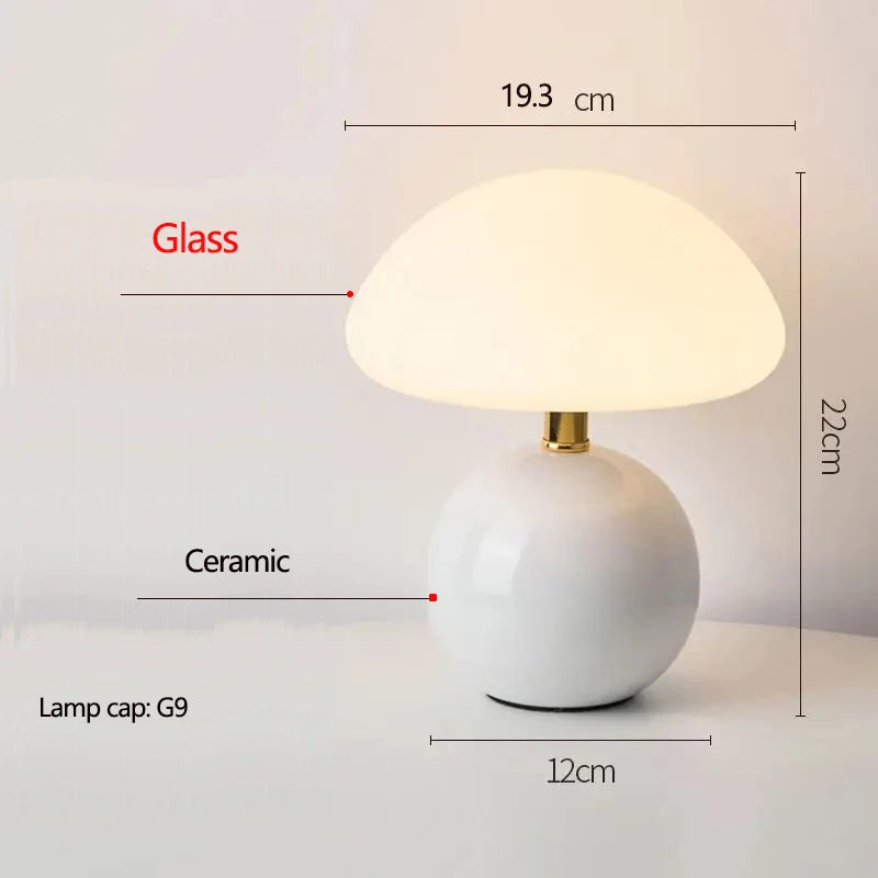 Labeled diagram of the white lamp naming its glass shade, ceramic base and bulb fitting