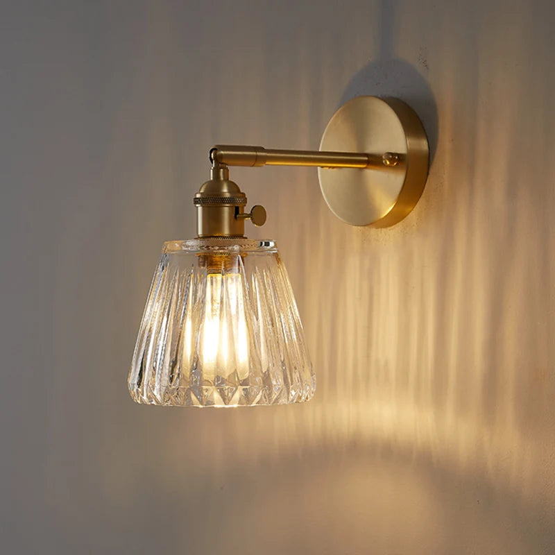 Brass Wall Sconce with Clear Ribbed Glass Shade, Single Light Adjustable Wall Lamp for Bedroom, Bathroom Mirror and Hallway, 14 cm / 5.5 in Shade