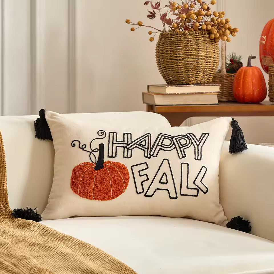 Fall Lettering Throw Pillow Cover, Tufted Velvet Autumn Cushion Case Reading Happy Fall, 45 x 45 cm / 17.7 in or 30 x 50 cm / 19.7 in
