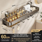 Feature diagram of the 60 cm / 23.6 in gray shelf with hooks along the base