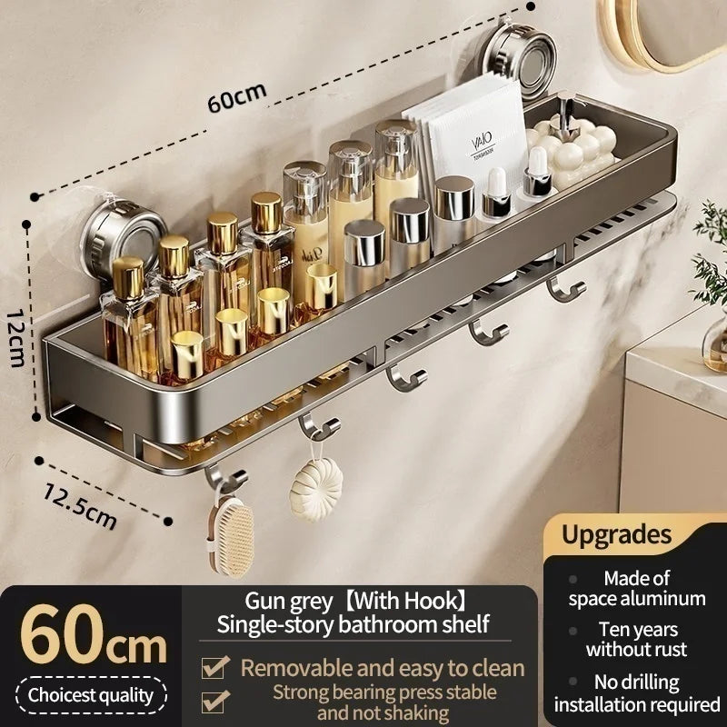 Feature diagram of the 60 cm / 23.6 in gray shelf with hooks along the base