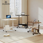 White, black and brown rolling desks shown together in one room