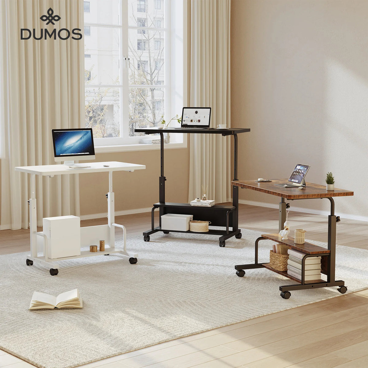 White, black and brown rolling desks shown together in one room