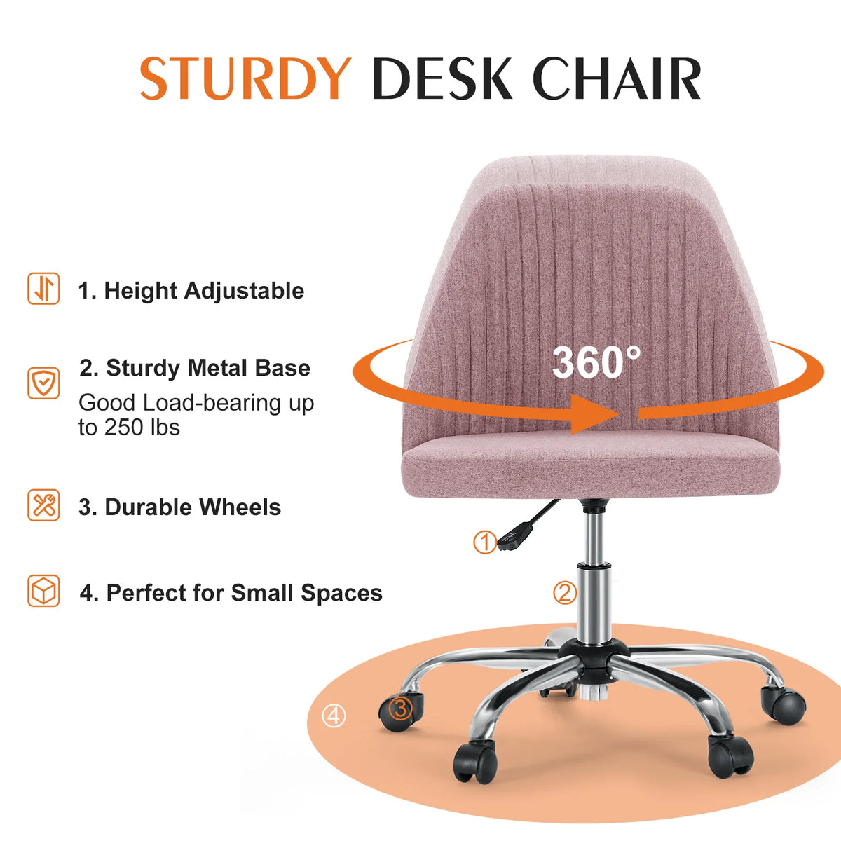 Feature panel listing the height adjustment, metal base, wheels and swivel of the pink desk chair