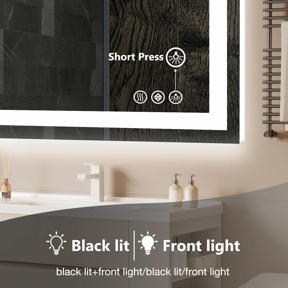 Short press control icons overlaid on the mirror against a dark wood bathroom wall