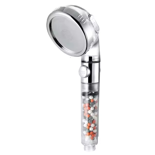Mineral Filter Shower Head, Handheld Chrome Sprayer with Clear Bead Barrel, Rainfall Jet and Massage Settings, Water Saving for Bathrooms