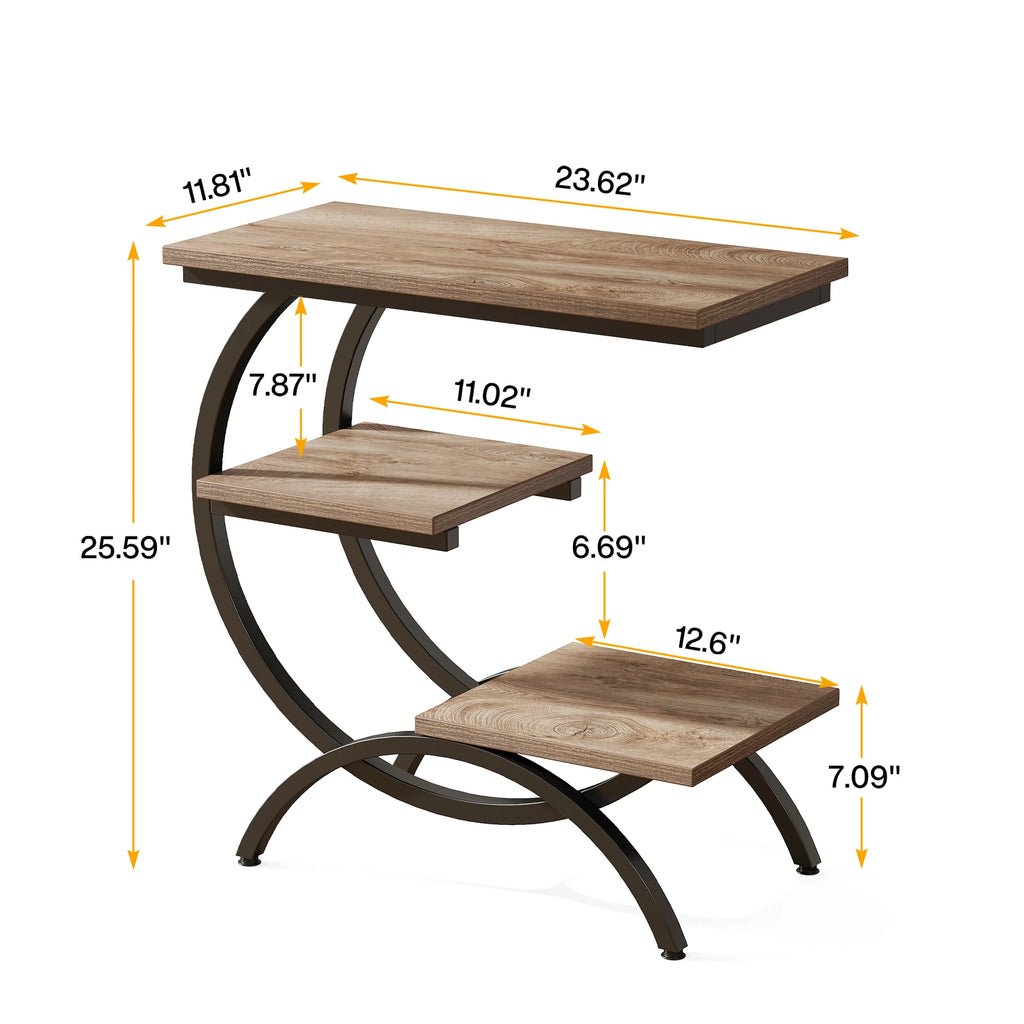 Measurement diagram of the three tier side table labeled in inches