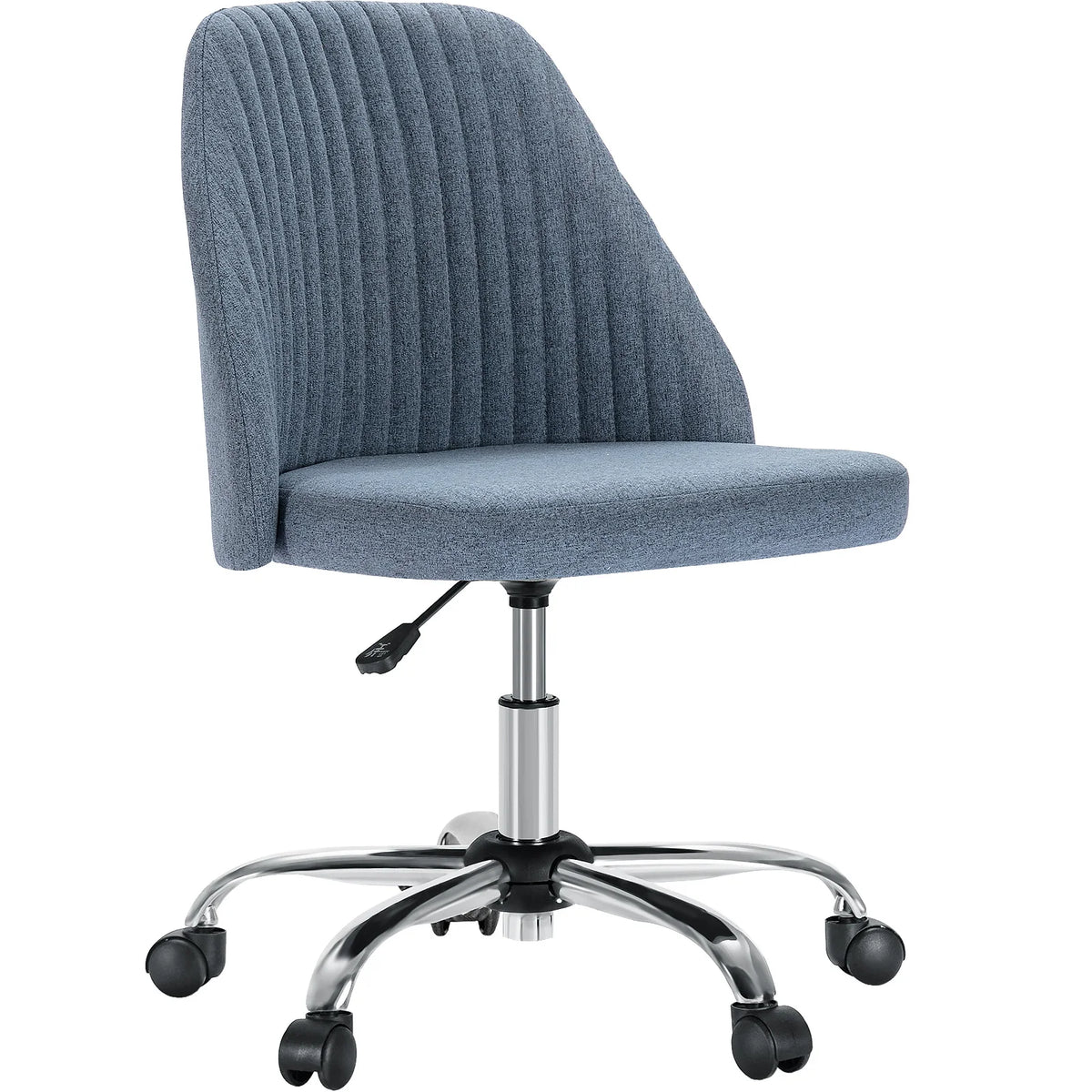 Slate blue armless desk chair with a chrome five star base on a plain white background