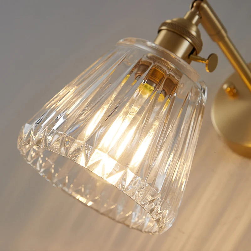 Brass Wall Sconce with Clear Ribbed Glass Shade, Single Light Adjustable Wall Lamp for Bedroom, Bathroom Mirror and Hallway, 14 cm / 5.5 in Shade