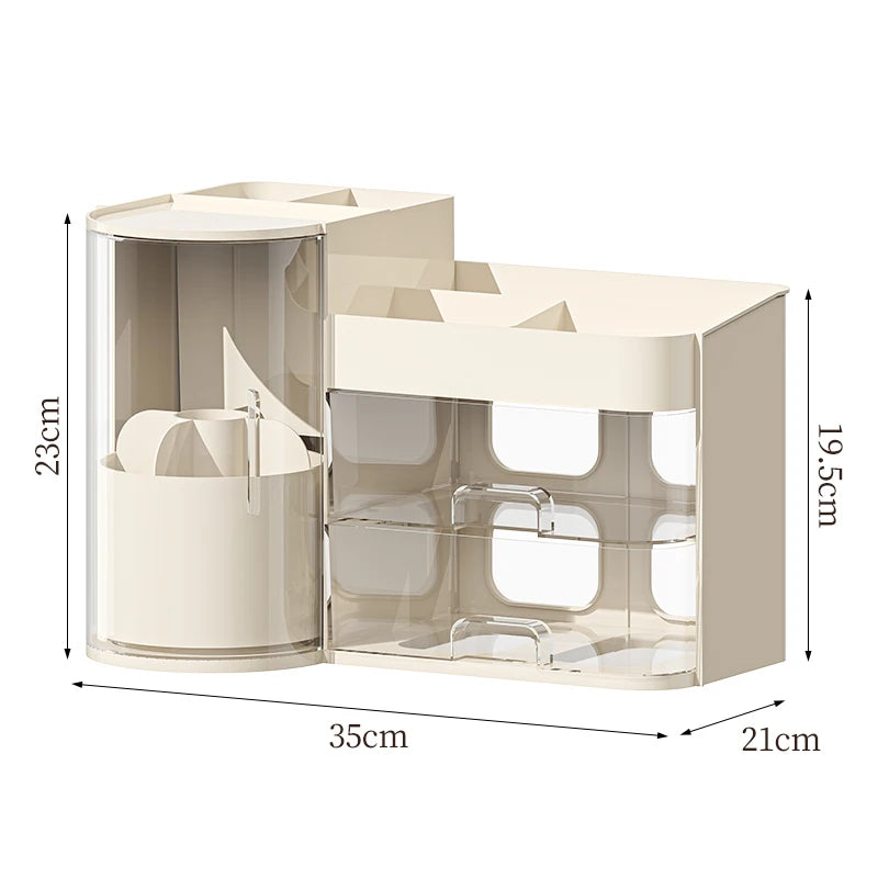 Cream organizer on a plain background with the wider size measurements marked