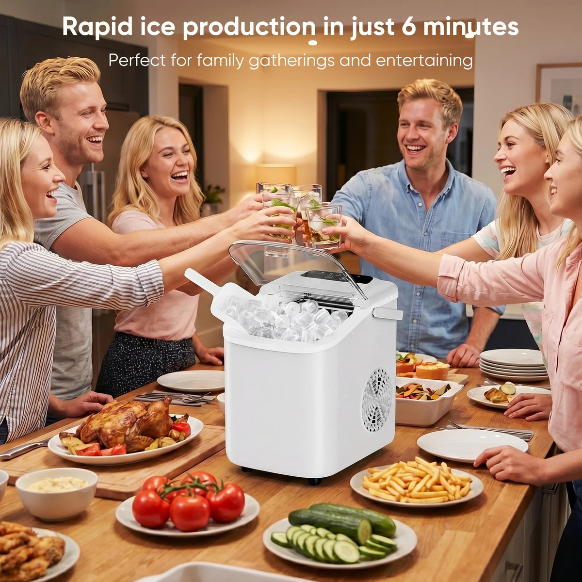 Ice machine set on a dining table as five people raise glasses over plates of party food