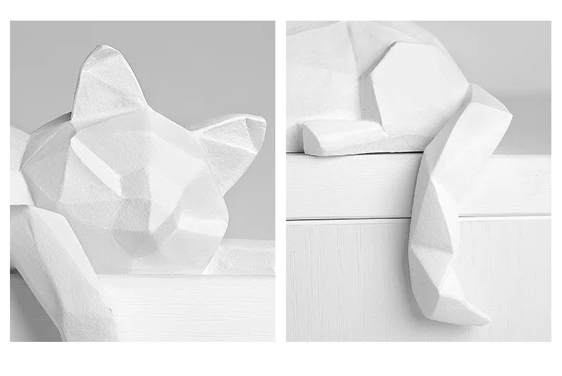 Two panels showing the cat head up close and a seated figure on a white box