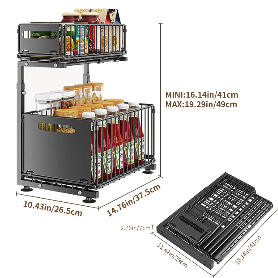 Spec diagram of the black rack giving its minimum and maximum height and width