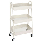 Plain white background view of the three tier cart with mesh trays and wheels