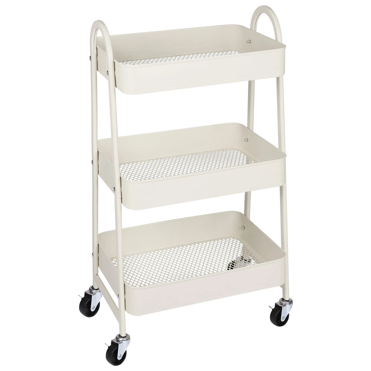 Plain white background view of the three tier cart with mesh trays and wheels