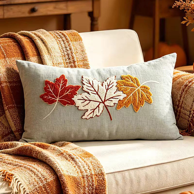 Maple Leaf Throw Pillow Cover, Tufted Velvet Autumn Cushion Case, Fall Leaves and Wreath Designs, 45 x 45 cm / 17.7 in or 30 x 50 cm / 19.7 in