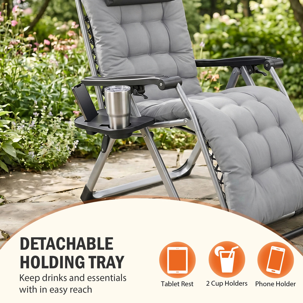 Panel showing the detachable side tray holding a cup on the gray recliner