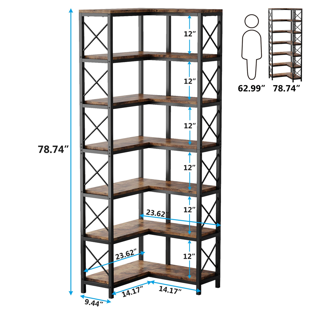 Size chart of the rustic wood corner bookshelf with each shelf gap in inches