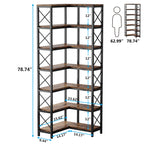 Size chart of the rustic wood corner bookshelf with each shelf gap in inches