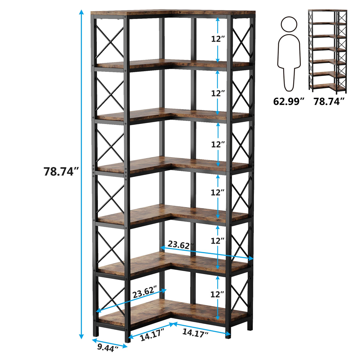Size chart of the rustic wood corner bookshelf with each shelf gap in inches
