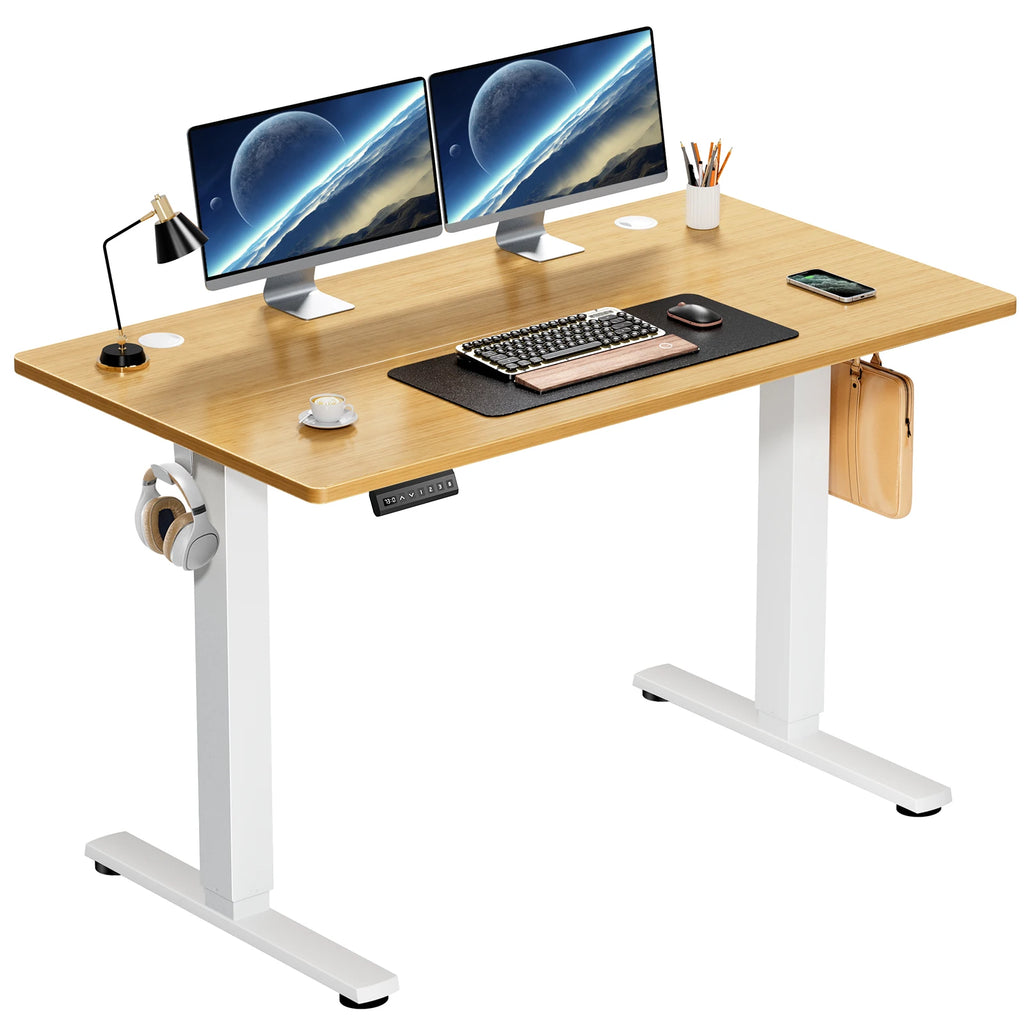 Natural oak desktop on a white lift frame with dual monitors and a bag hook on the side