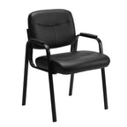 Plain white background view of the guest chair with padded arms and black legs