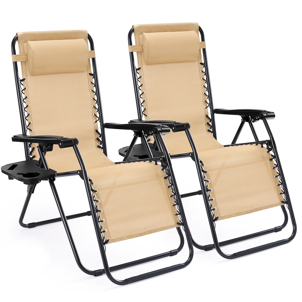 Pair of beige zero gravity loungers with cup trays on a white background