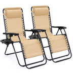 Pair of beige zero gravity loungers with cup trays on a white background