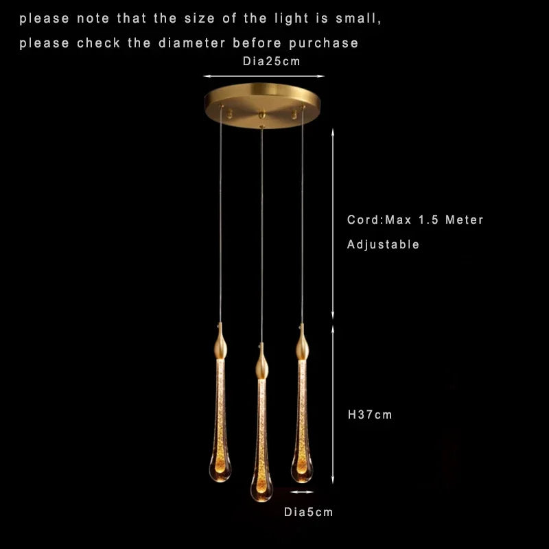 Size chart for the three light teardrop pendant on a black background