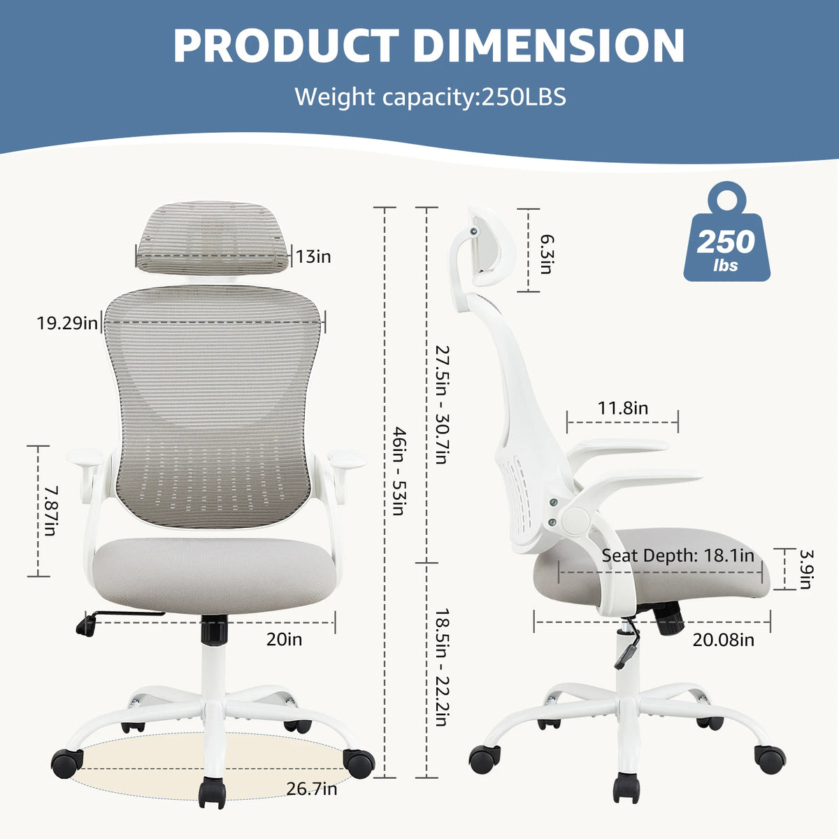 Size diagram with front and side views of the chair plus seat depth and weight callouts