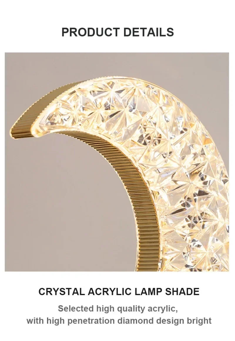 Close view of the faceted crystal acrylic shade curving into the moon shape