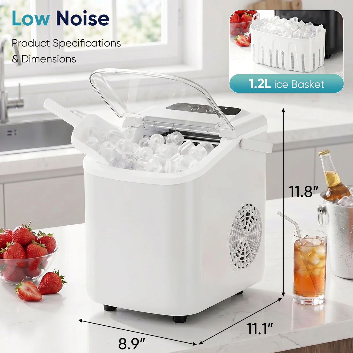 Size diagram of a white ice machine with height and width callouts and a close view of the ice basket