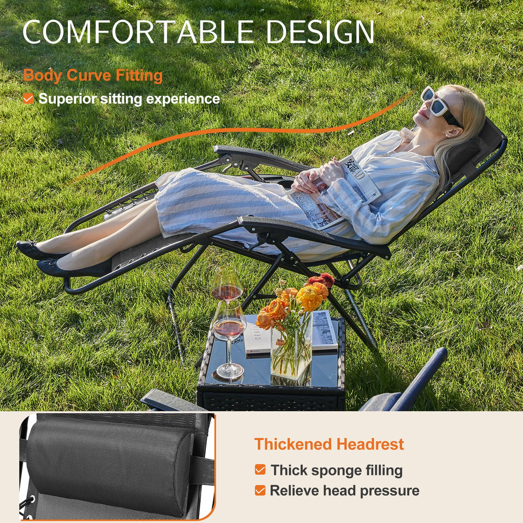 Feature panel showing a woman lying back on the recliner with a close view of the padded headrest