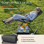 Feature panel showing a woman lying back on the recliner with a close view of the padded headrest