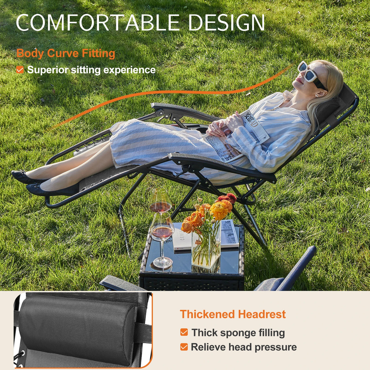 Feature panel showing a woman lying back on the recliner with a close view of the padded headrest